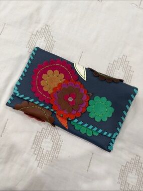 Leather Floral Appliqué Leather Wallet - Navy